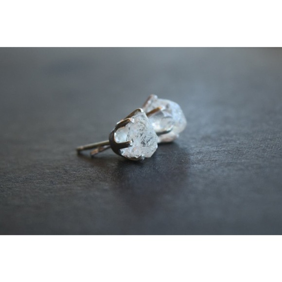 Sterling silver stud earrings, alternative diamond, uncut natural gemsto…
